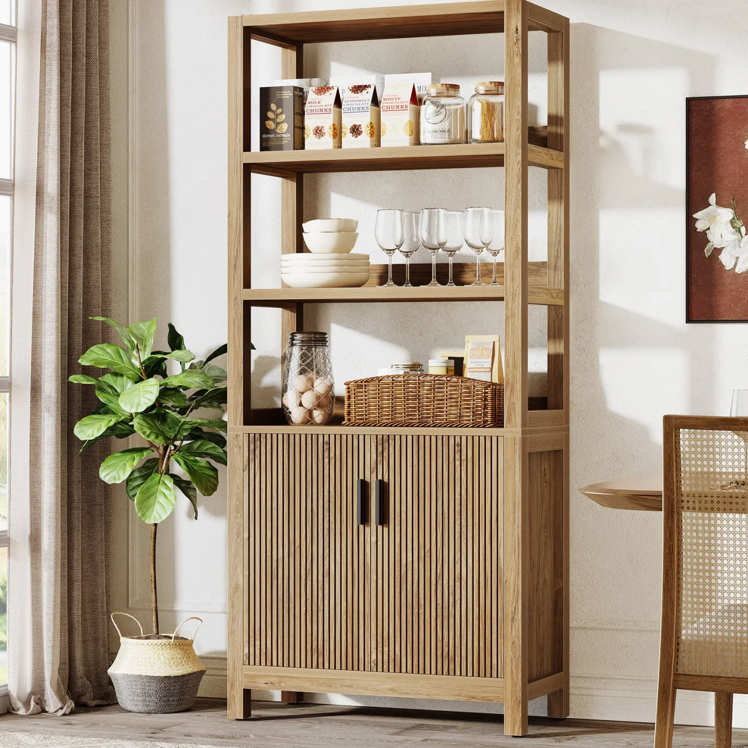 70.9" Bookcase, Wooden Bookshelf with 3-Tier Open Shelf and Door Cabinet