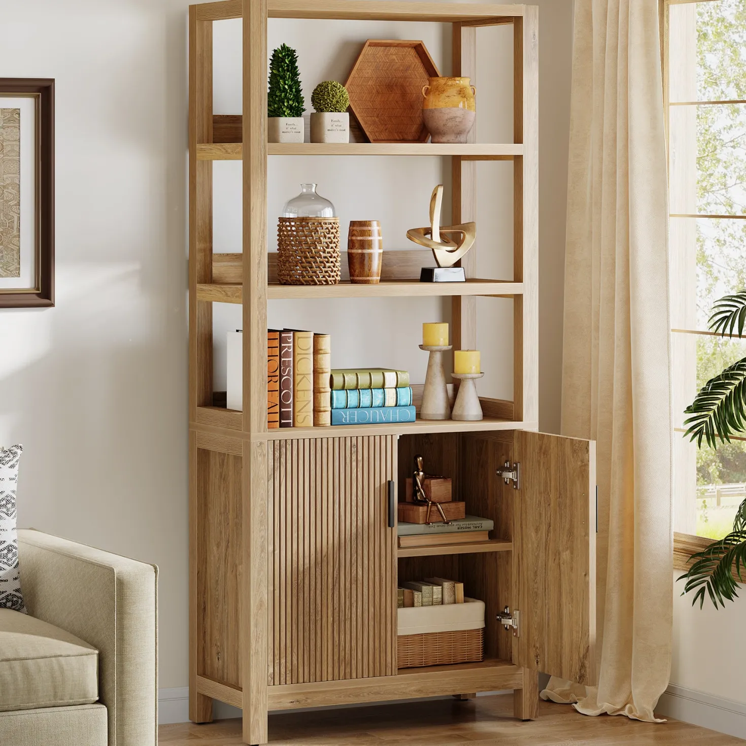 70.9" Bookcase, Wooden Bookshelf with 3-Tier Open Shelf and Door Cabinet