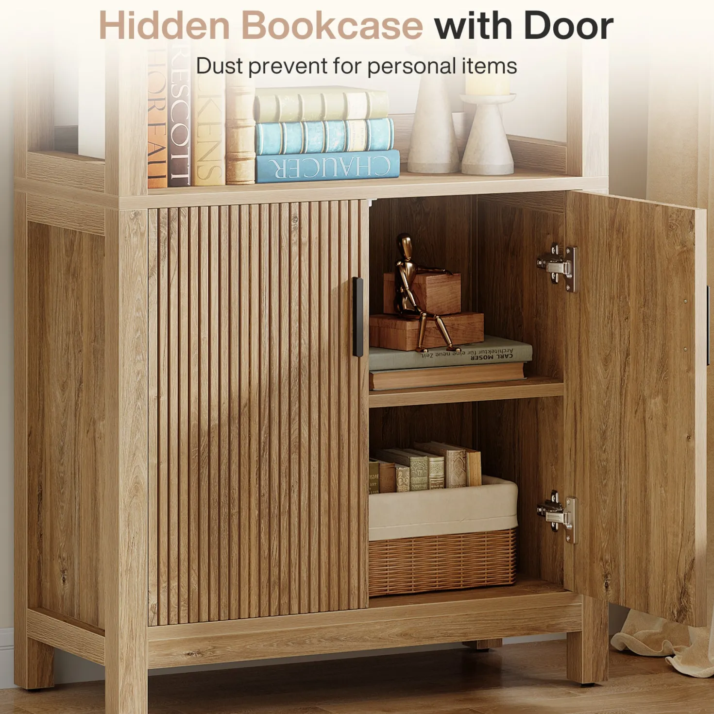 70.9" Bookcase, Wooden Bookshelf with 3-Tier Open Shelf and Door Cabinet