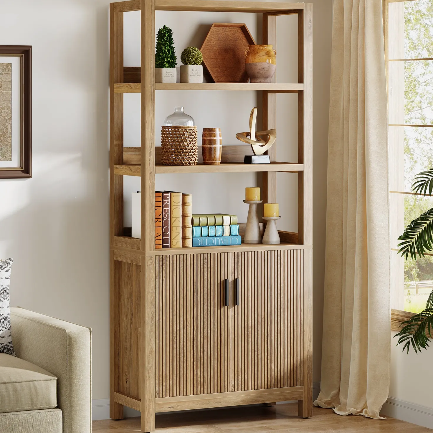 70.9" Bookcase, Wooden Bookshelf with 3-Tier Open Shelf and Door Cabinet