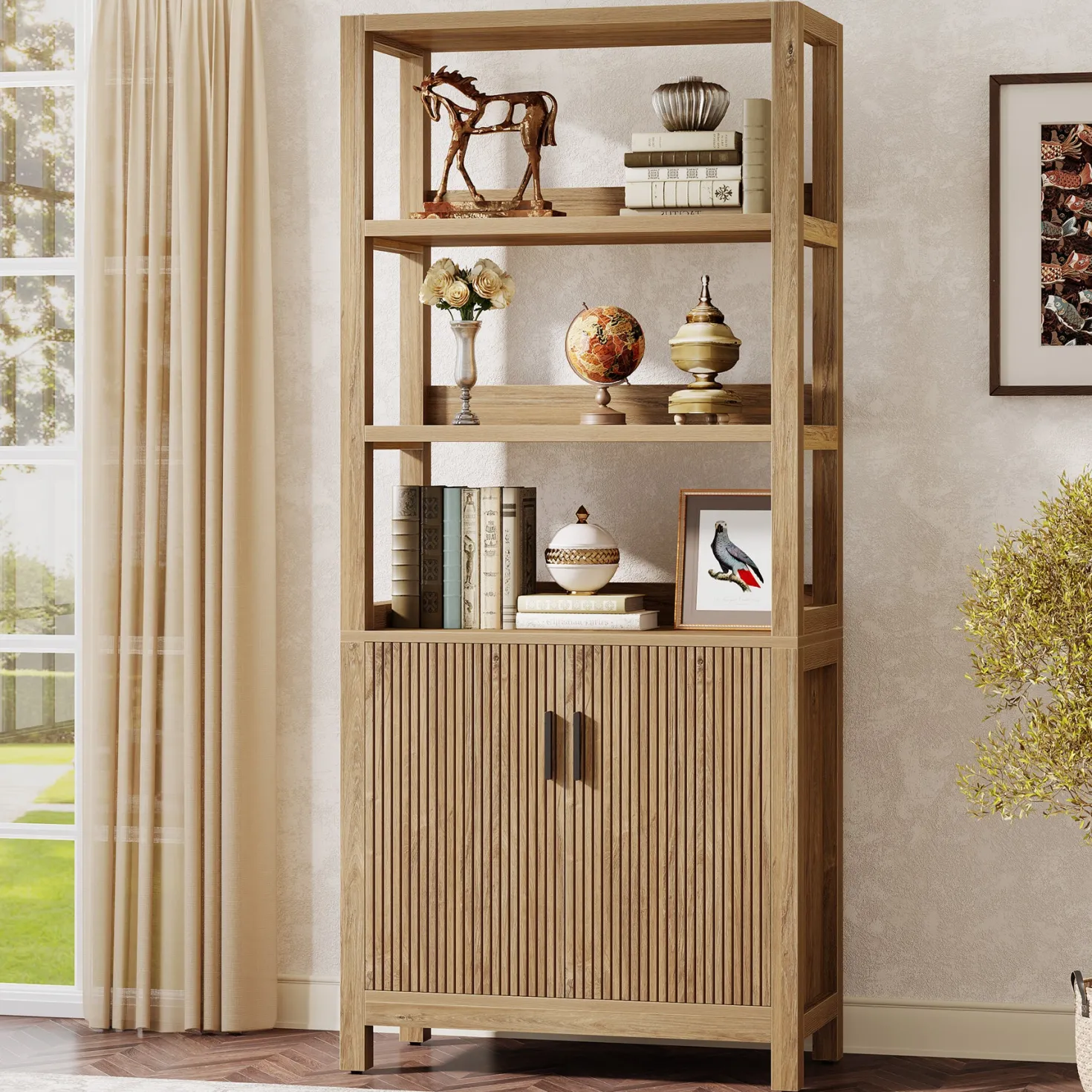 70.9" Bookcase, Wooden Bookshelf with 3-Tier Open Shelf and Door Cabinet