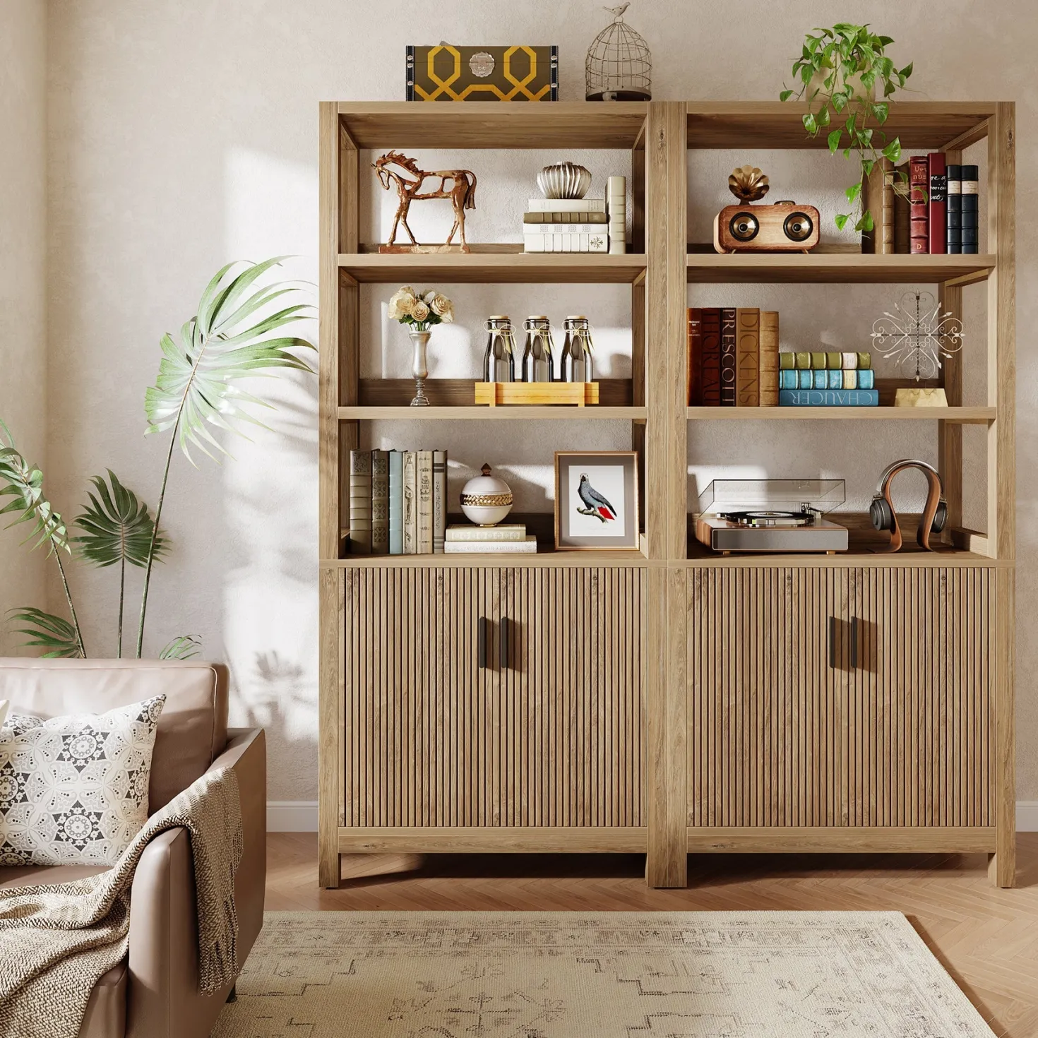 70.9" Bookcase, Wooden Bookshelf with 3-Tier Open Shelf and Door Cabinet