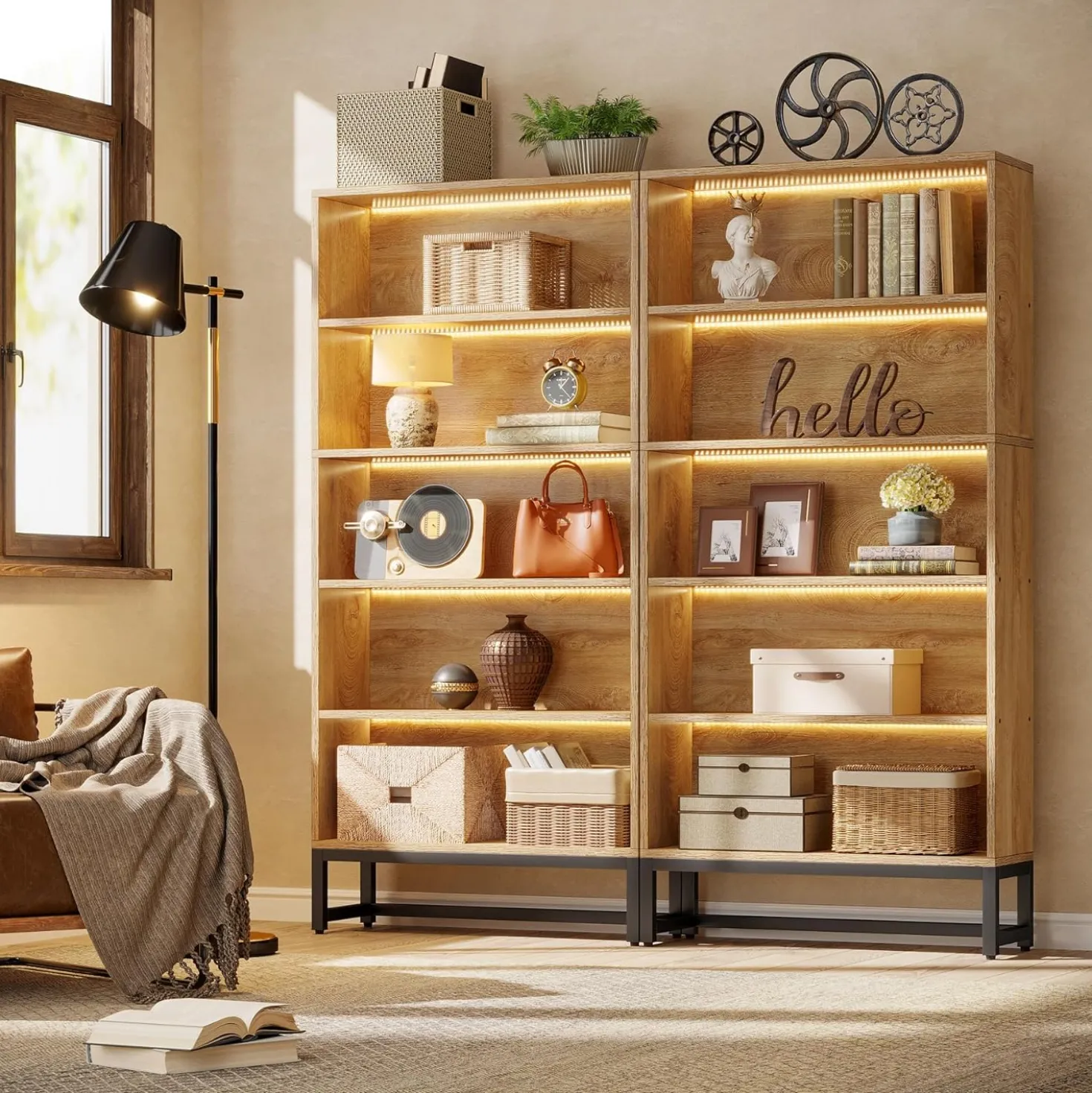 70.4" Bookshelf, FreeStanding Bookcases Display Organizer with LED Light