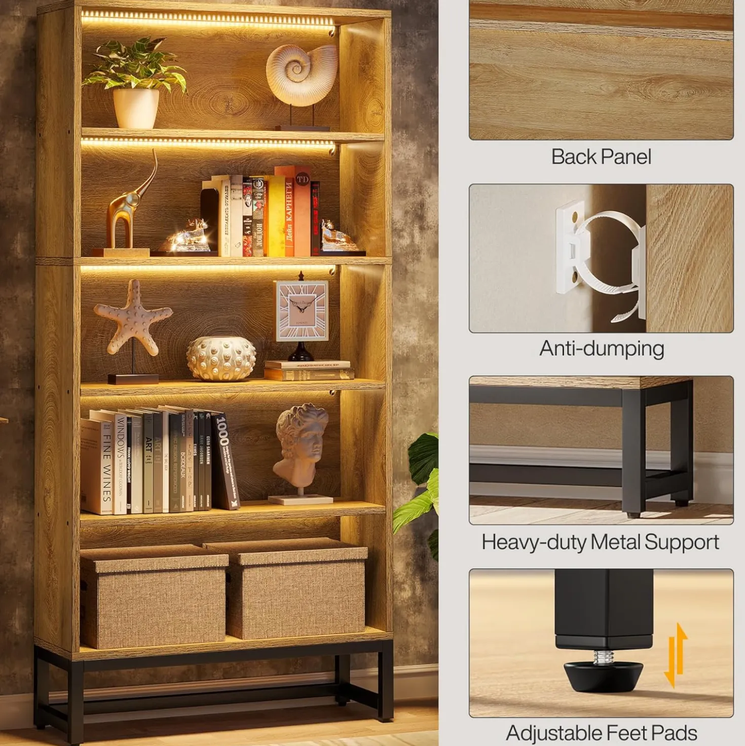 70.4" Bookshelf, FreeStanding Bookcases Display Organizer with LED Light