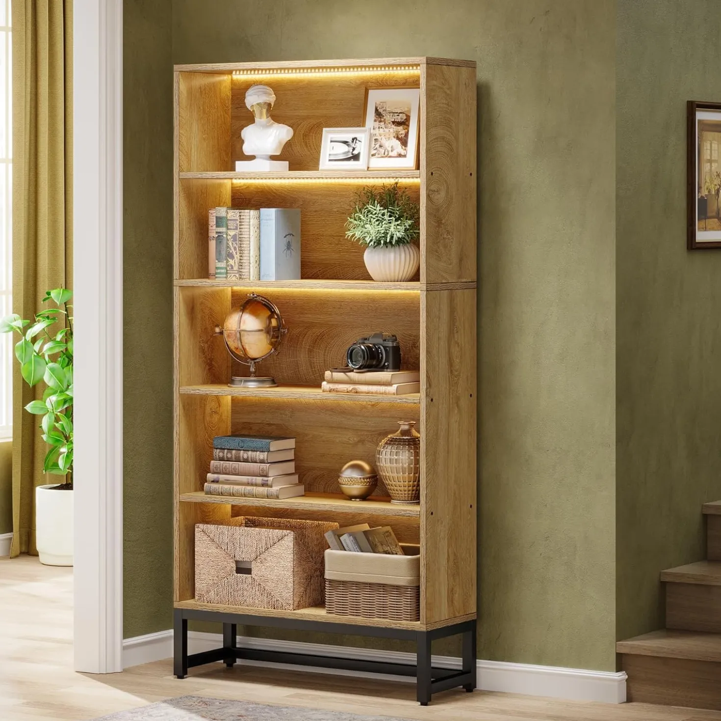 70.4" Bookshelf, FreeStanding Bookcases Display Organizer with LED Light