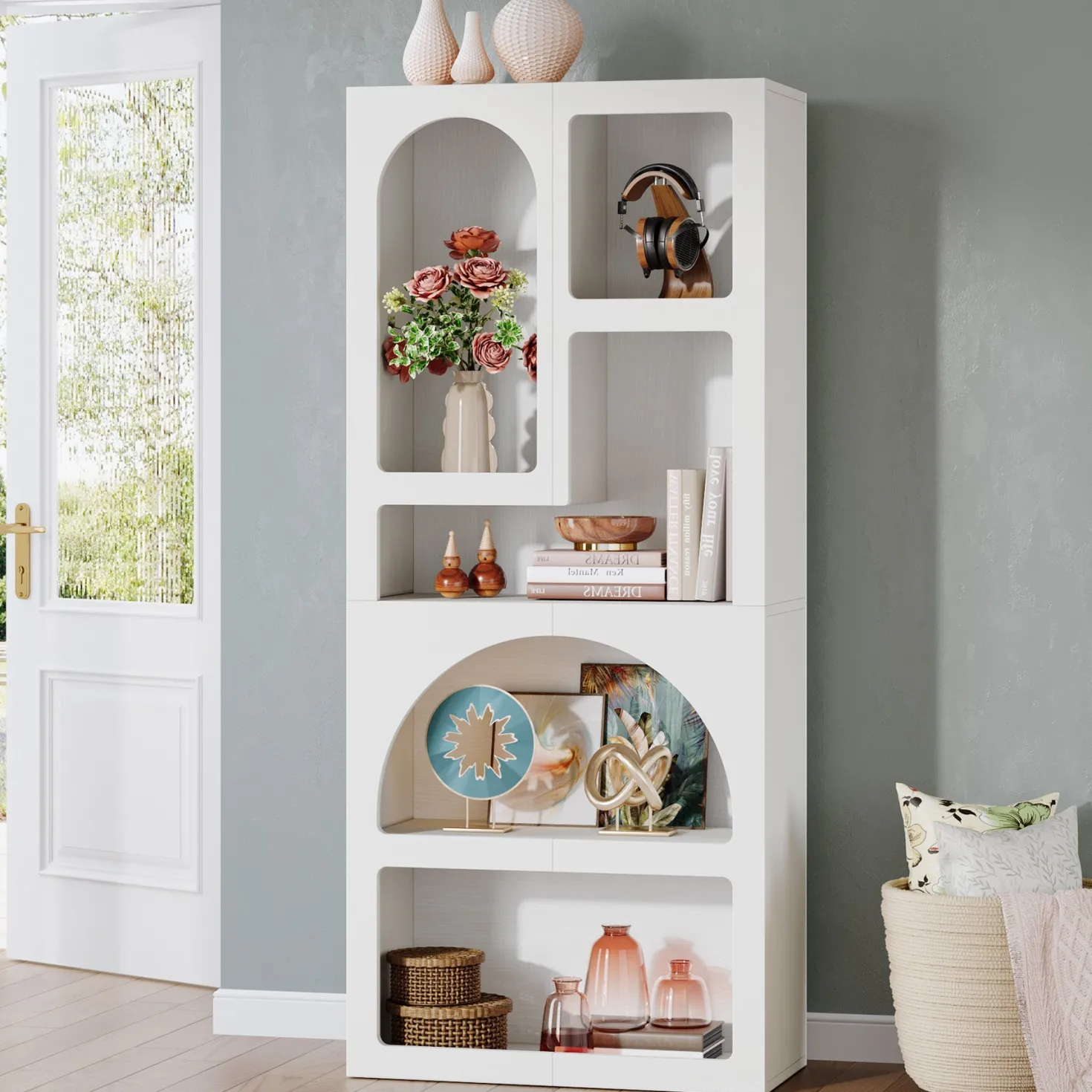 70.8" Bookshelf, Geometric Bookcase Display Shelf with 5 Irregular Storage Shelves