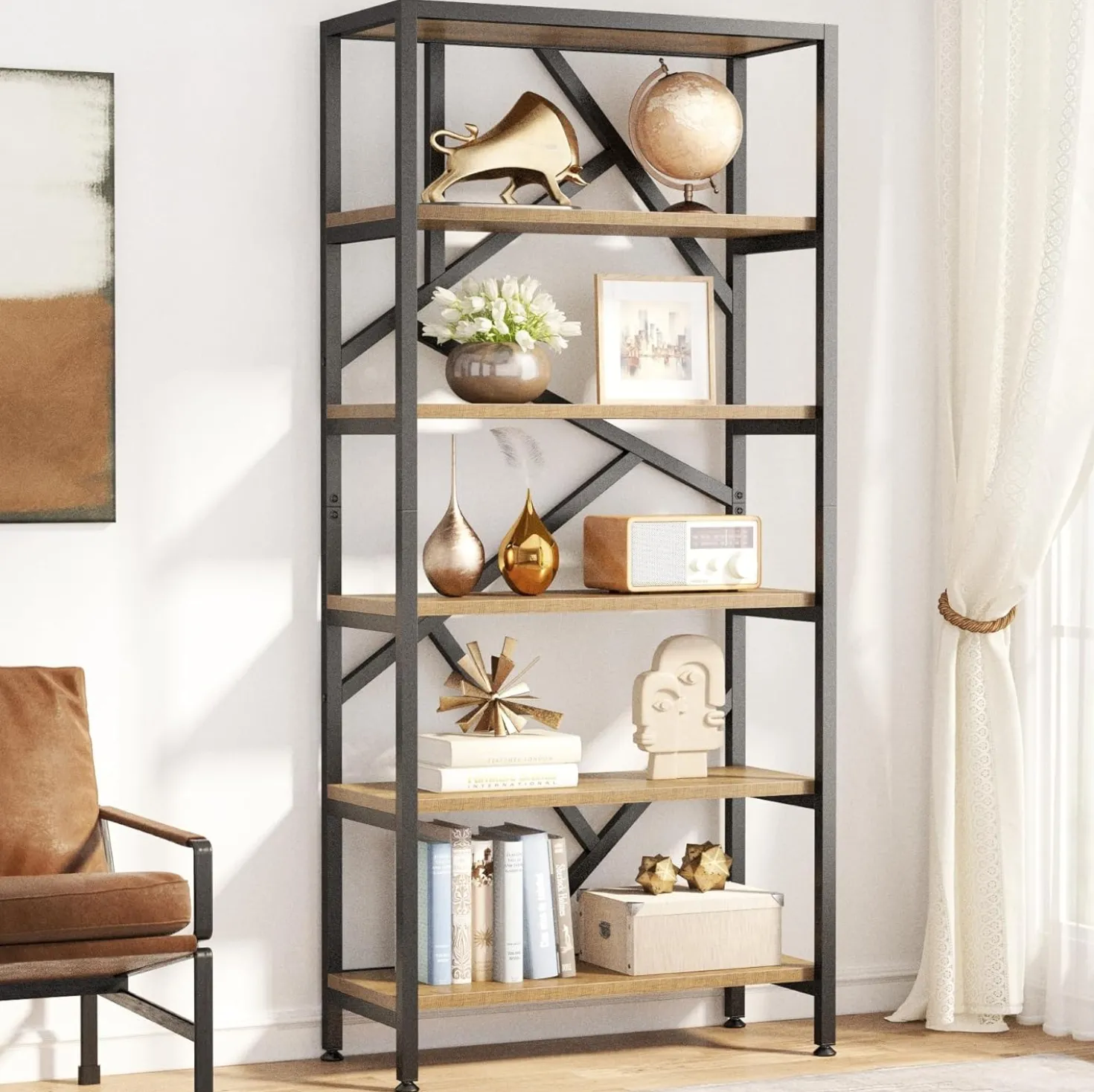 71" Bookshelf, Industrial Etagere Bookcase 6 Shelf Display Rack
