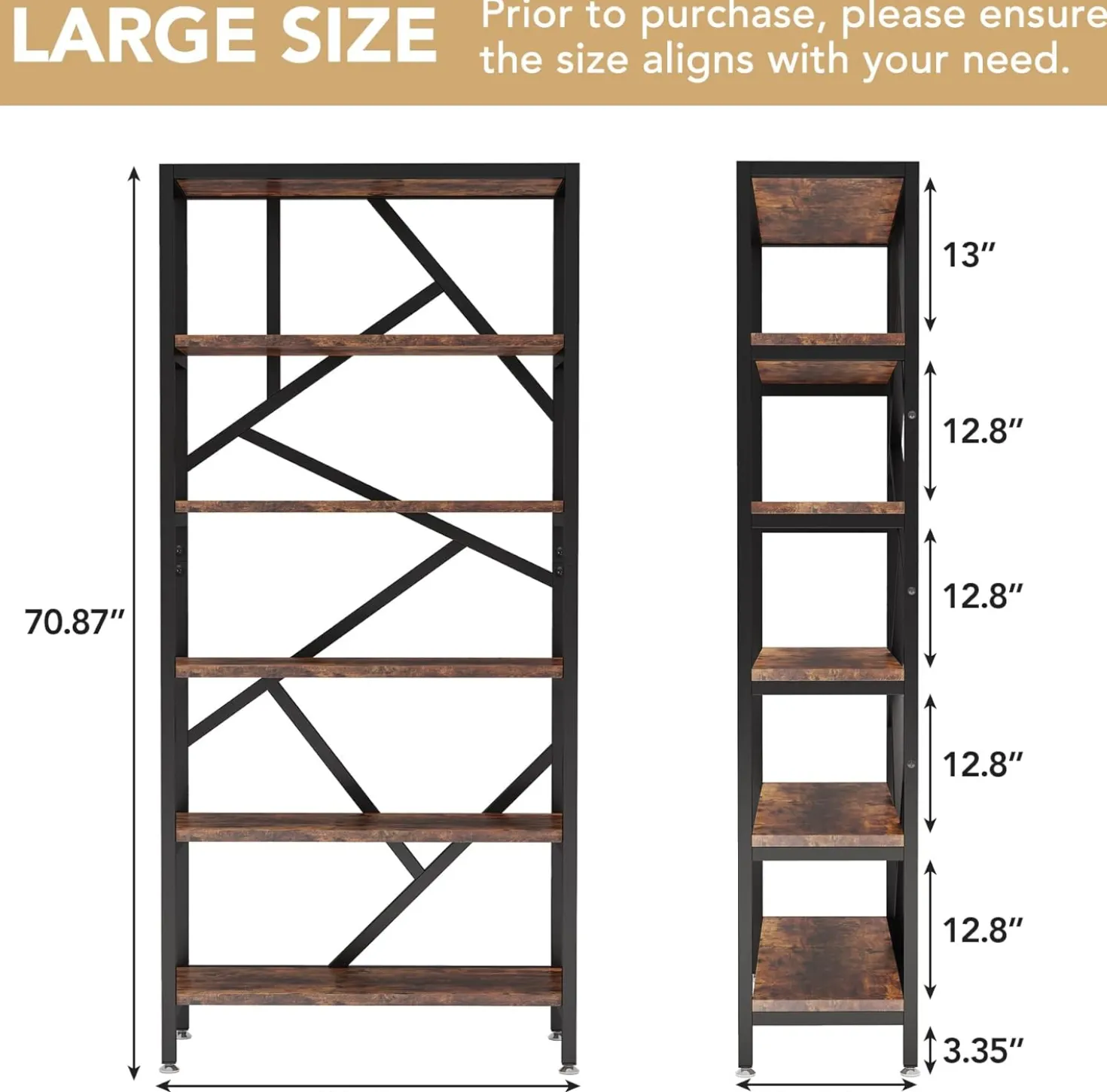 71" Bookshelf, Industrial Etagere Bookcase 6 Shelf Display Rack
