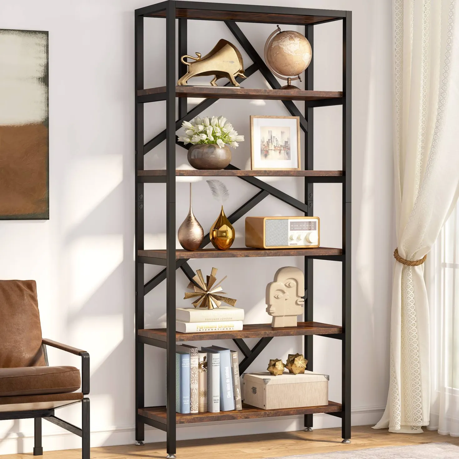 71" Bookshelf, Industrial Etagere Bookcase 6 Shelf Display Rack