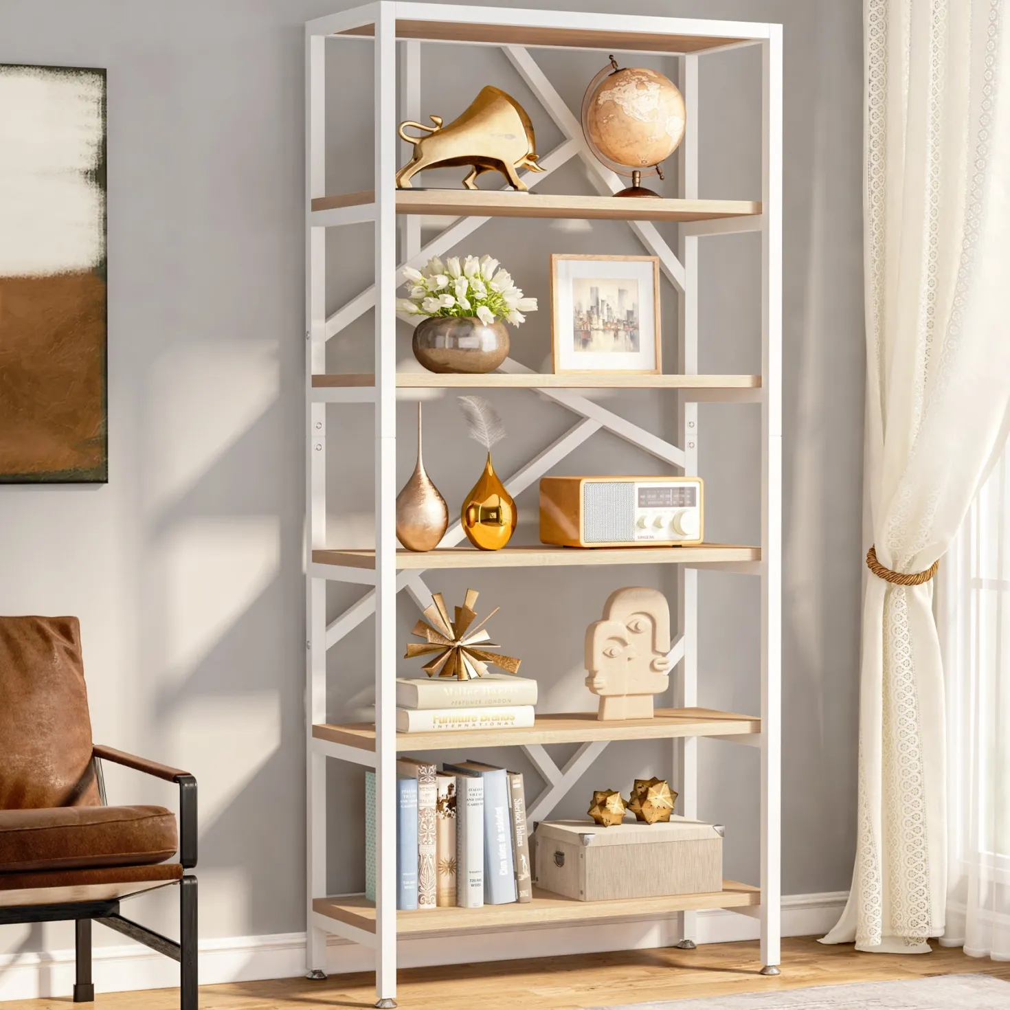 71" Bookshelf, Industrial Etagere Bookcase 6 Shelf Display Rack