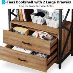 70.86" Bookshelf, Industrial 5-Tier Bookcase with 2 Drawers