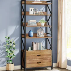 70.86" Bookshelf, Industrial 5-Tier Bookcase with 2 Drawers