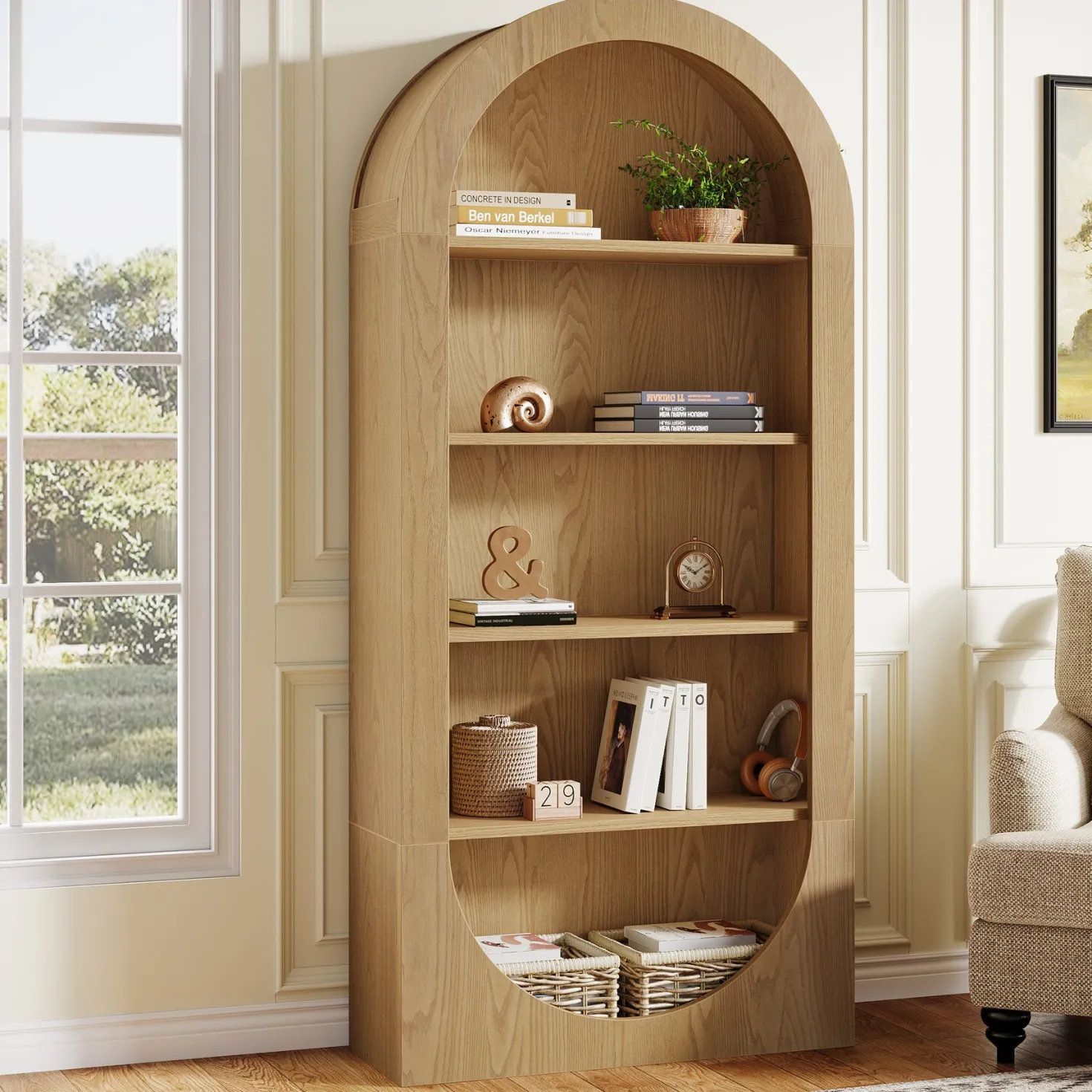70.9" Bookshelf, 5-Tier Arched Bookcase with Open Display Shelves