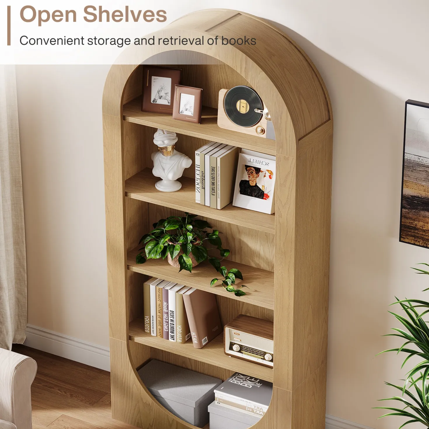 70.9" Bookshelf, 5-Tier Arched Bookcase with Open Display Shelves