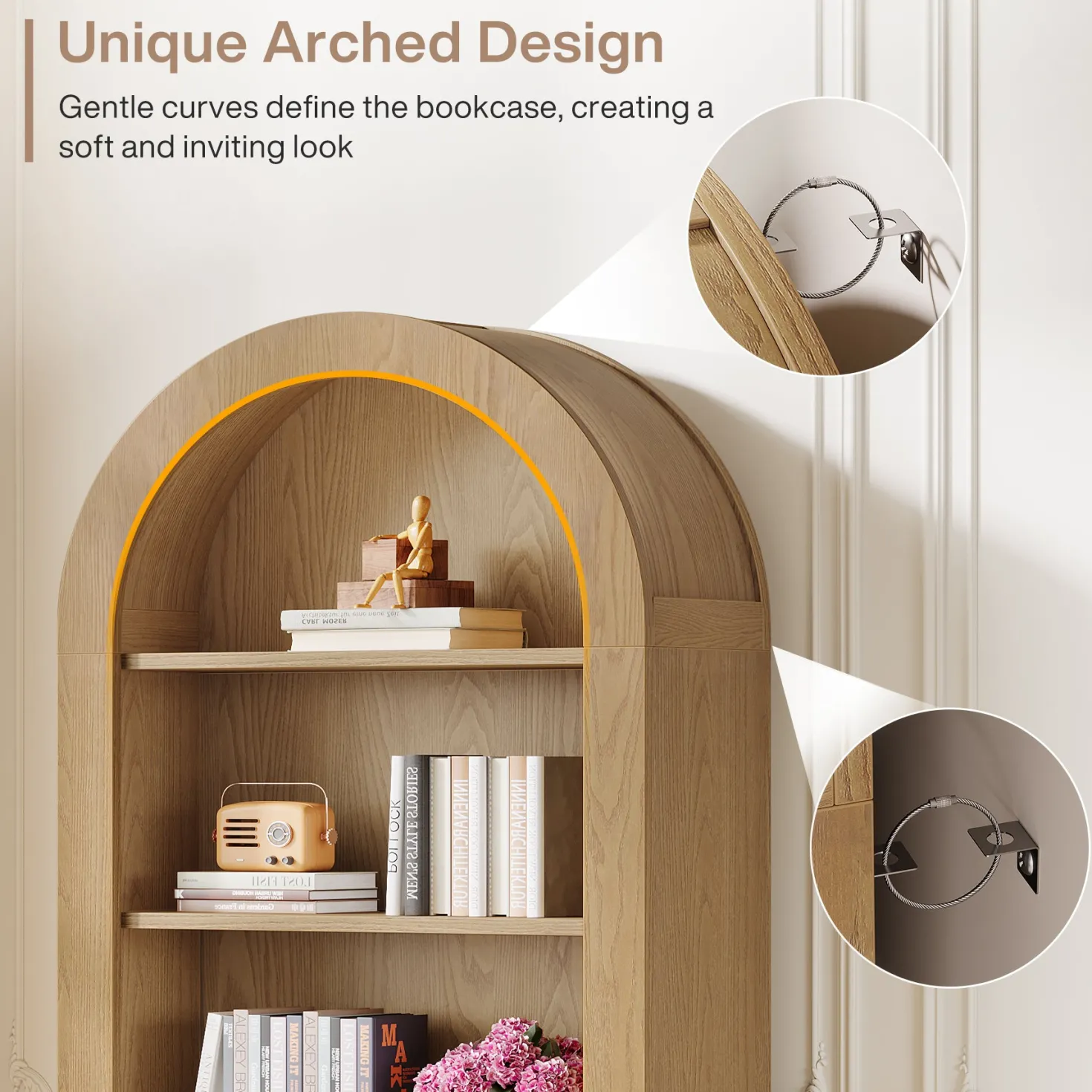 70.9" Bookshelf, 5-Tier Arched Bookcase with Open Display Shelves
