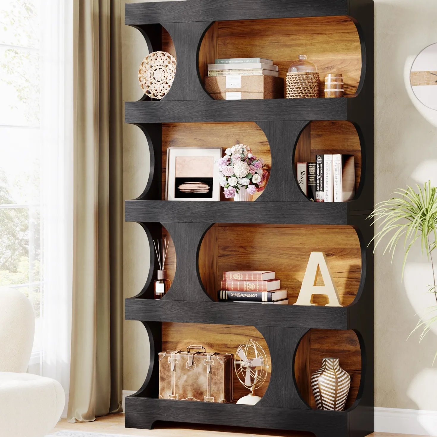 71" Bookshelf, 4-Tier S-Shaped Bookcase Freestanding Display Shelves