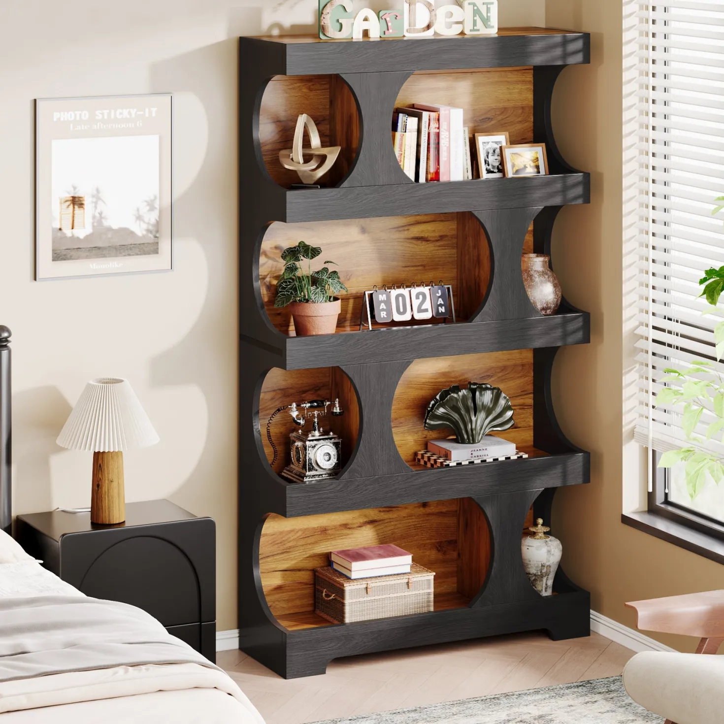 71" Bookshelf, 4-Tier S-Shaped Bookcase Freestanding Display Shelves