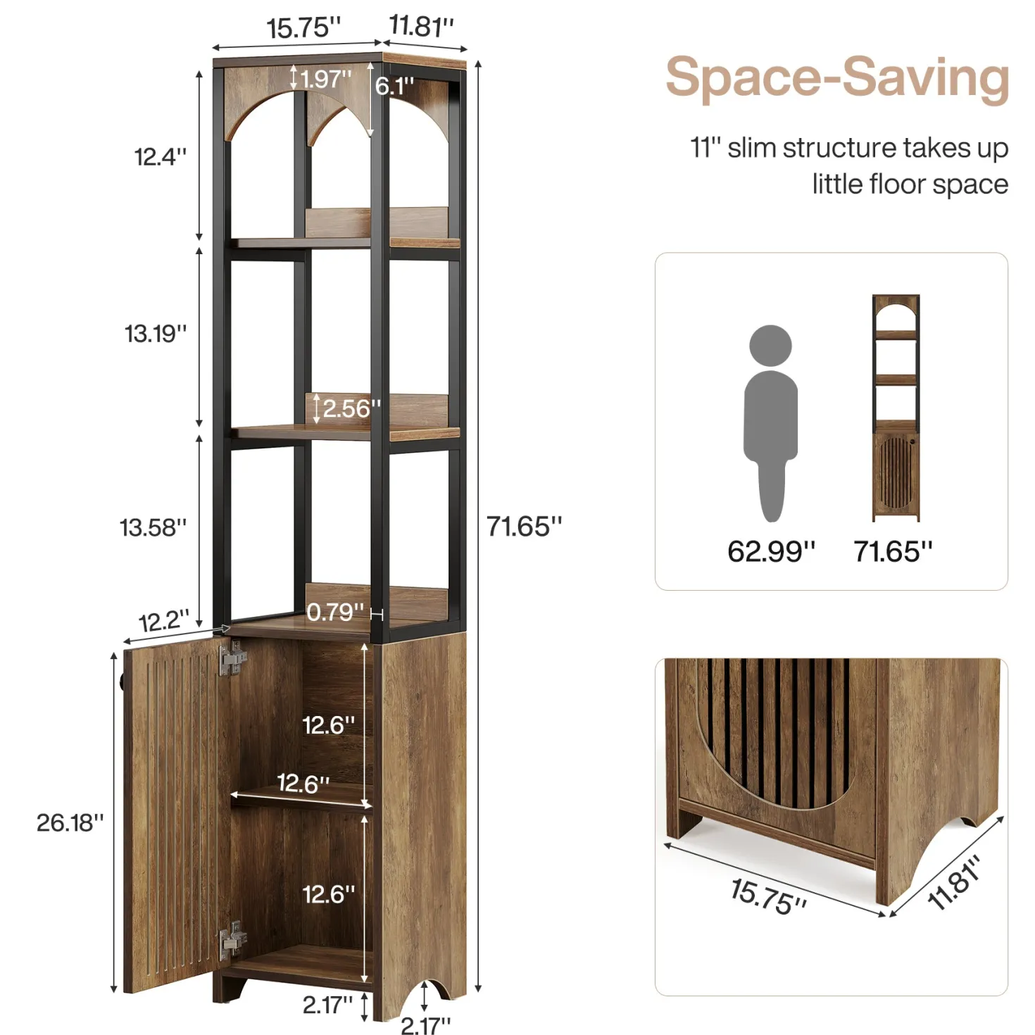 71.6" Bookshelf with Cabinet, Narrow Bookcase with Open Storage Shelves