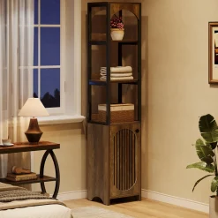 71.6" Bookshelf with Cabinet, Narrow Bookcase with Open Storage Shelves