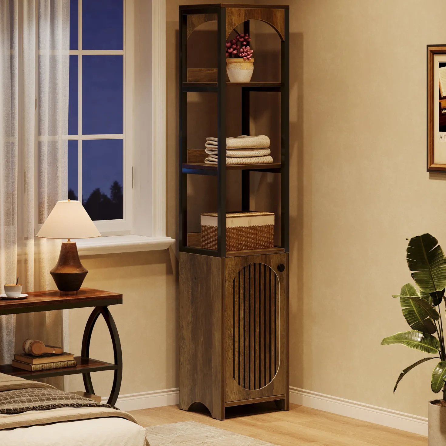 71.6" Bookshelf with Cabinet, Narrow Bookcase with Open Storage Shelves