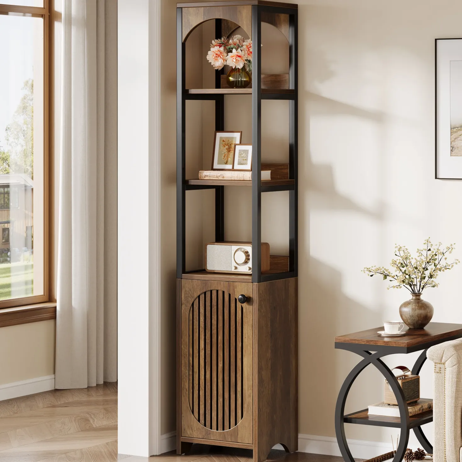 71.6" Bookshelf with Cabinet, Narrow Bookcase with Open Storage Shelves