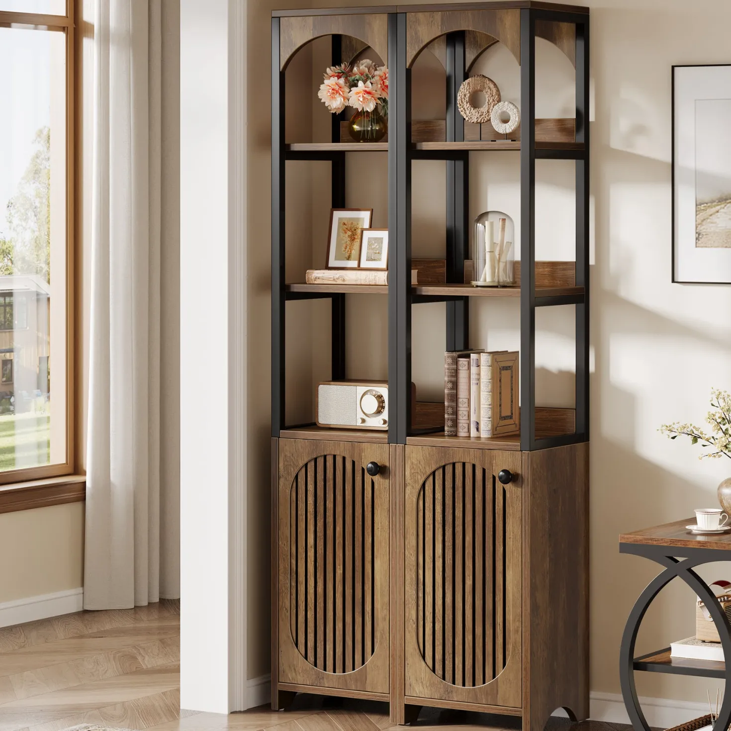 71.6" Bookshelf with Cabinet, Narrow Bookcase with Open Storage Shelves