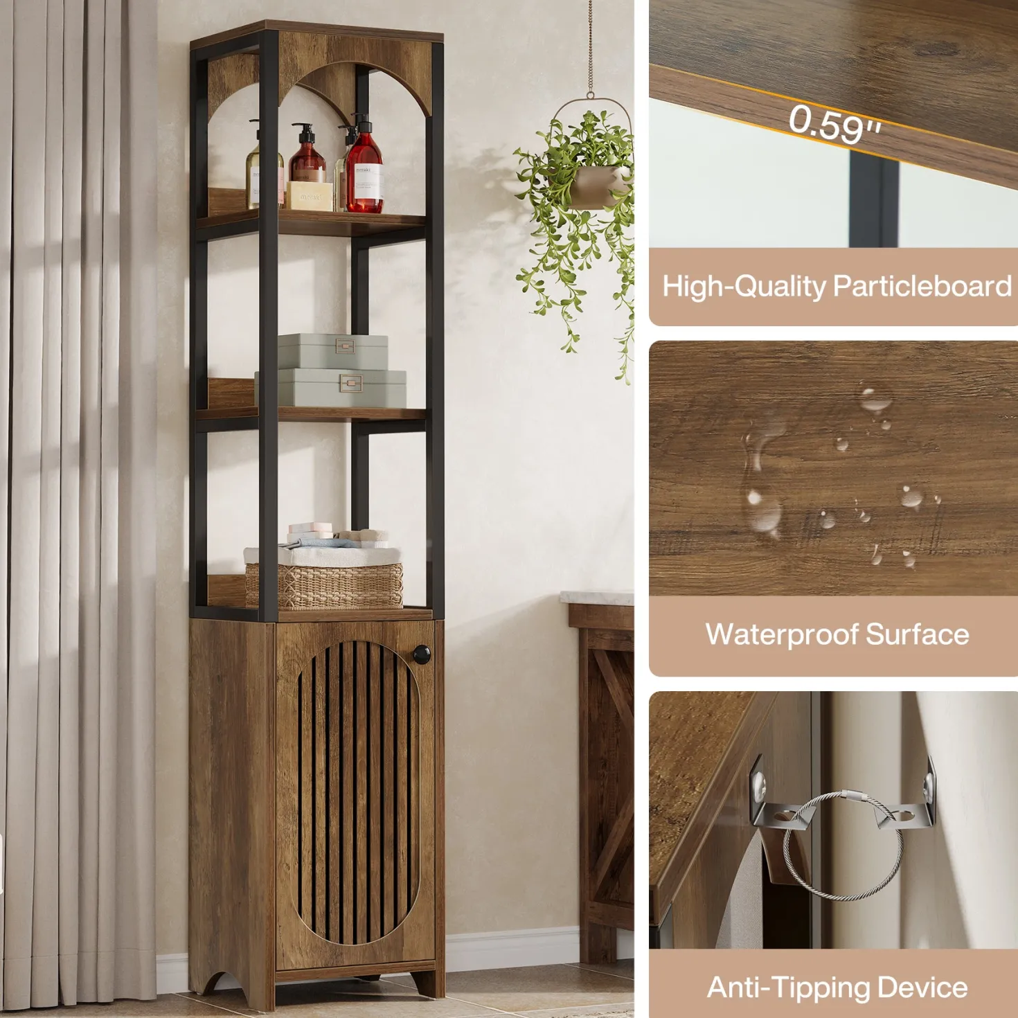 71.6" Bookshelf with Cabinet, Narrow Bookcase with Open Storage Shelves