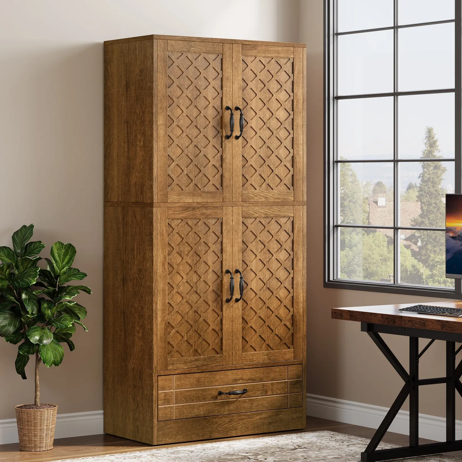 70" Bookshelf with Door, Freestanding Bookcase Cabinet with Storage Drawer