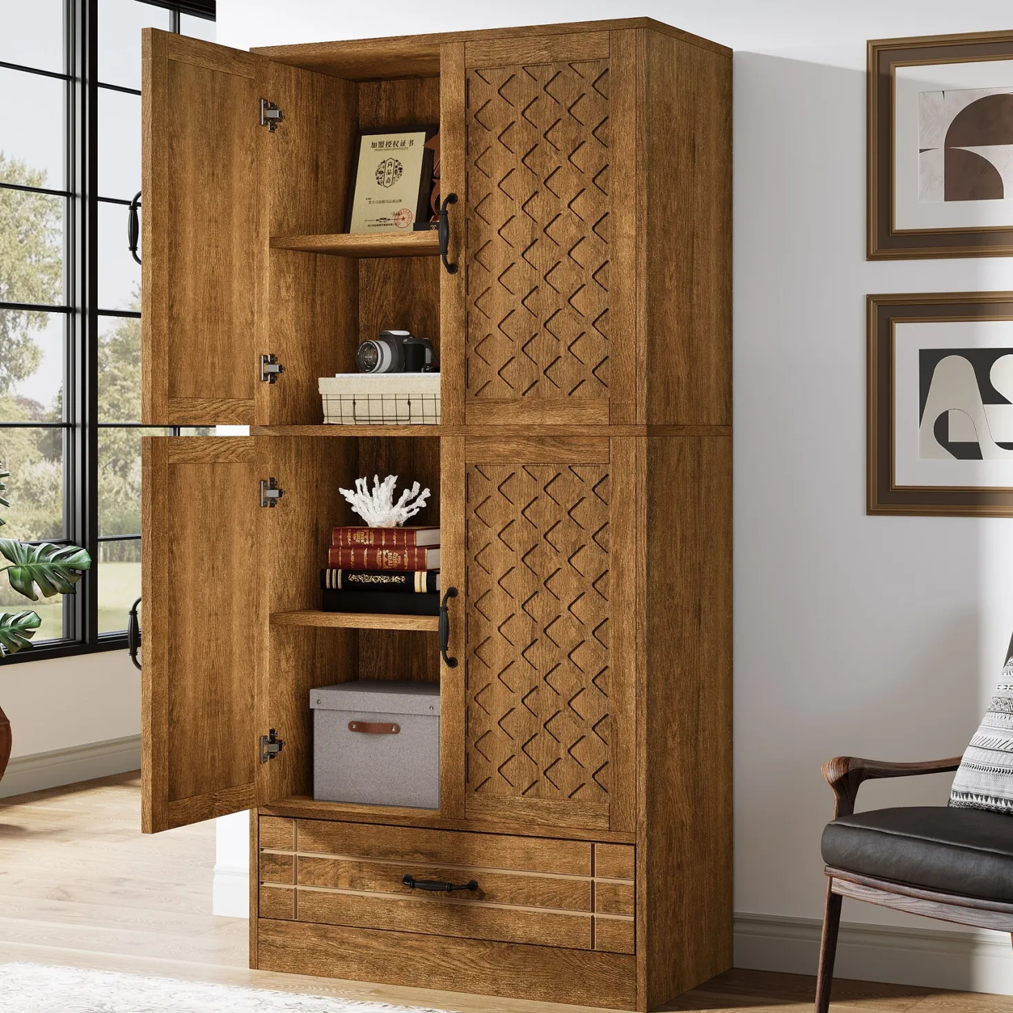 70" Bookshelf with Door, Freestanding Bookcase Cabinet with Storage Drawer