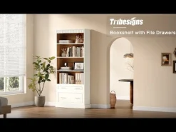 72" Bookshelf with Drawers, Freestanding 5-Shelf Bookcase Display Shelf
