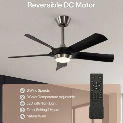 52" Ceiling Fan, Modern 5-Blade Dimmable LED Reversible Fan Light for Living Room