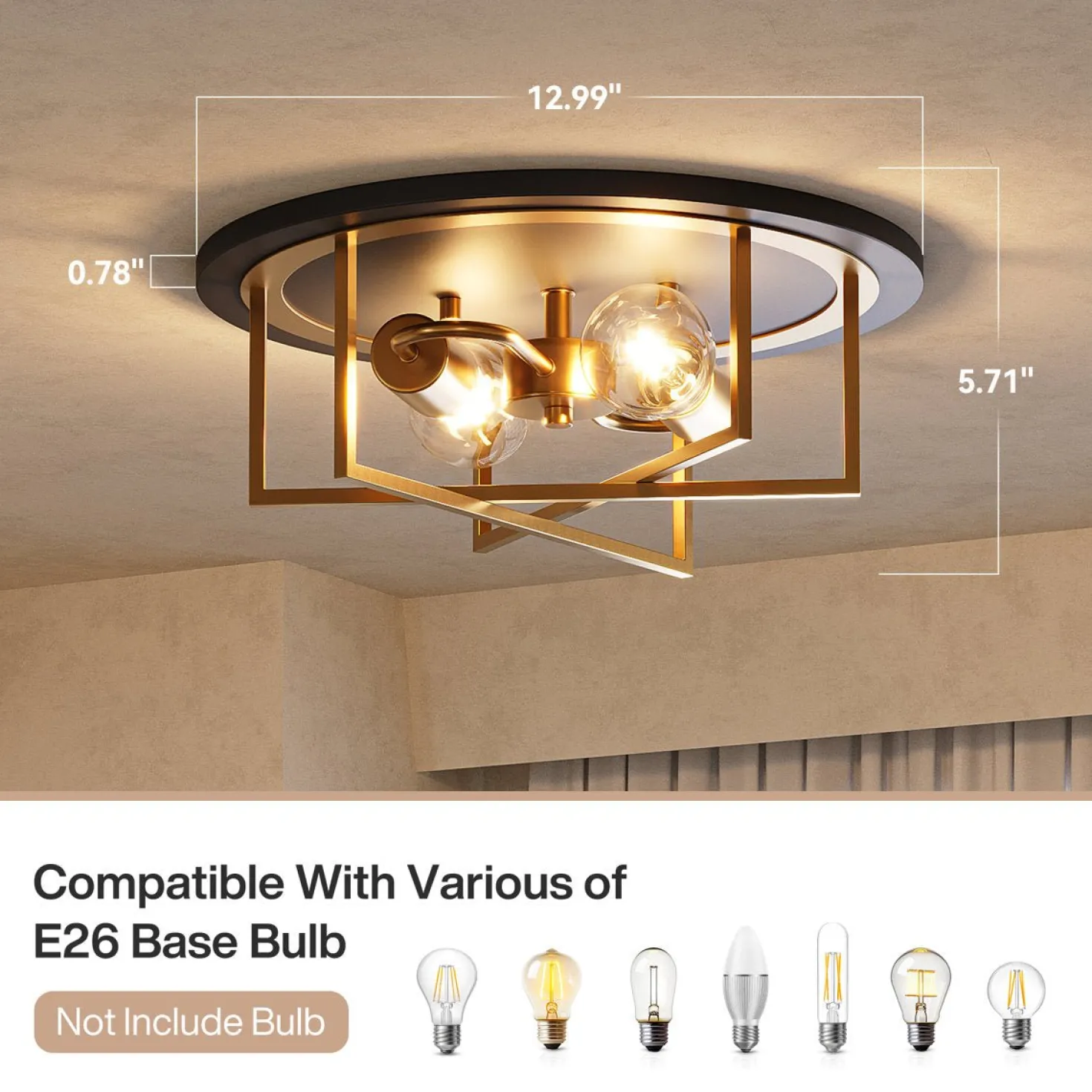 12.99" Ceiling Light Fixtures, 2-Light Flush Mount Lighting for any Room