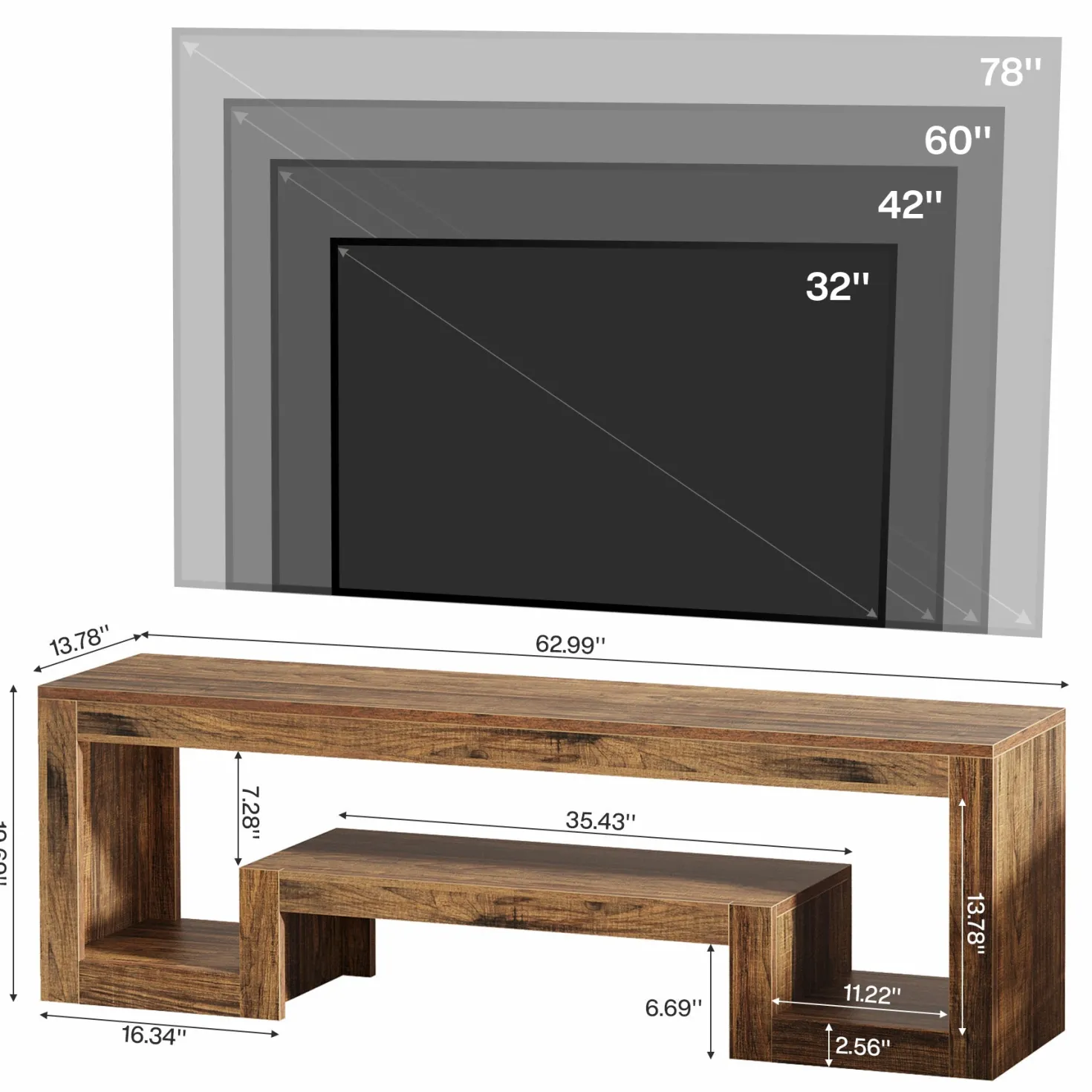 63" Center TV Stand, Vintage Entertainment Center Media Console Stand