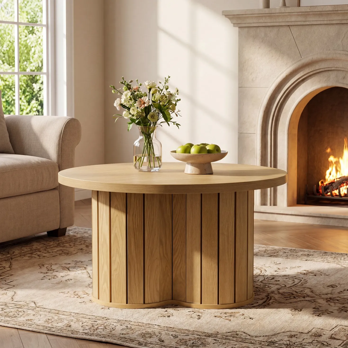 31.5" Circle Coffee Table, Small Accent Center Table with Three-lobed Grille Base for Living Room