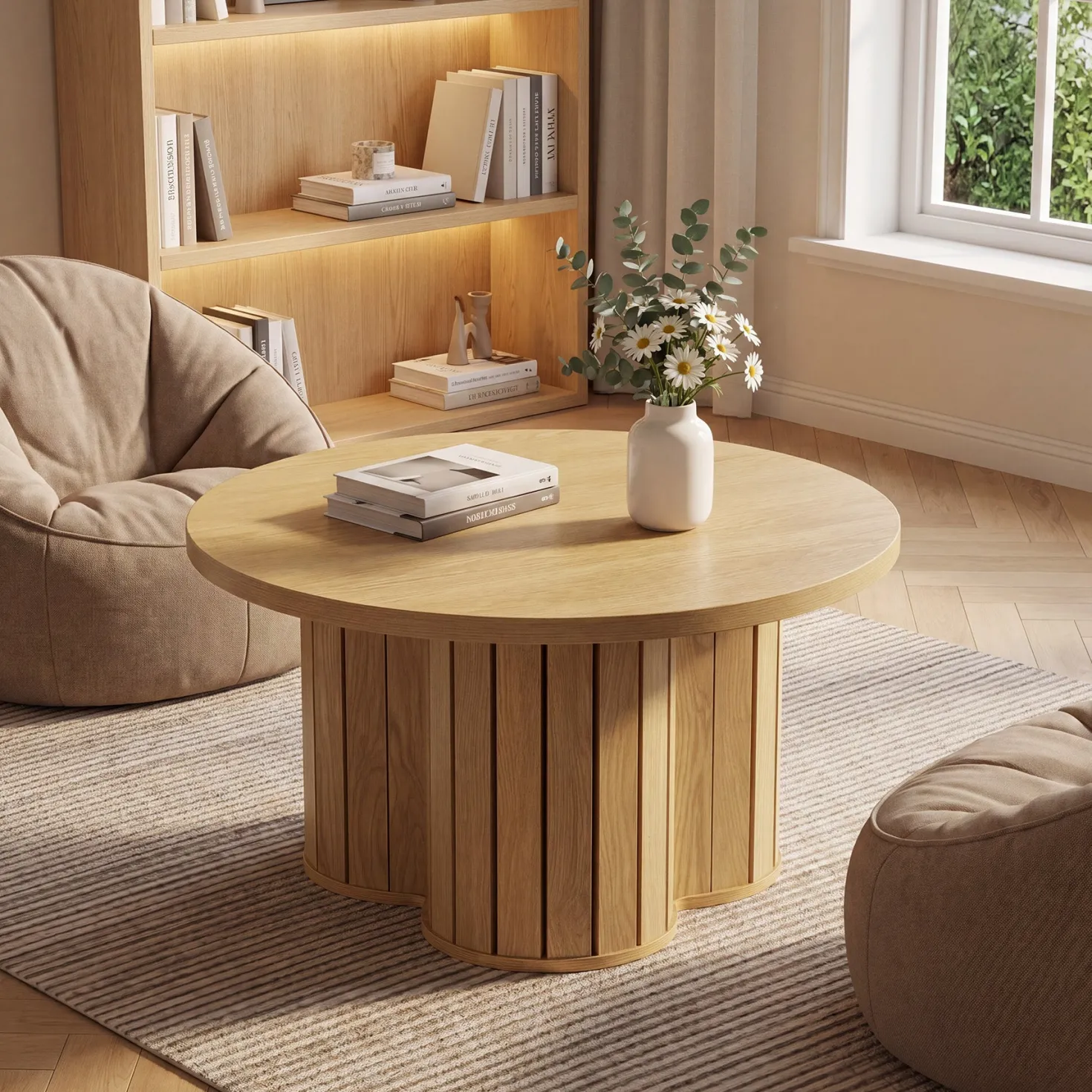 31.5" Circle Coffee Table, Small Accent Center Table with Three-lobed Grille Base for Living Room