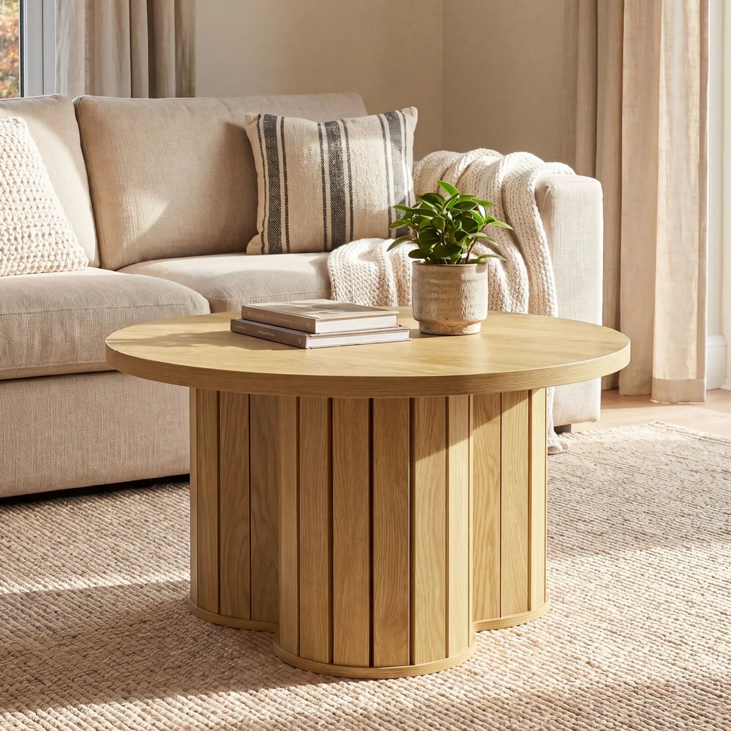 31.5" Circle Coffee Table, Small Accent Center Table with Three-lobed Grille Base for Living Room