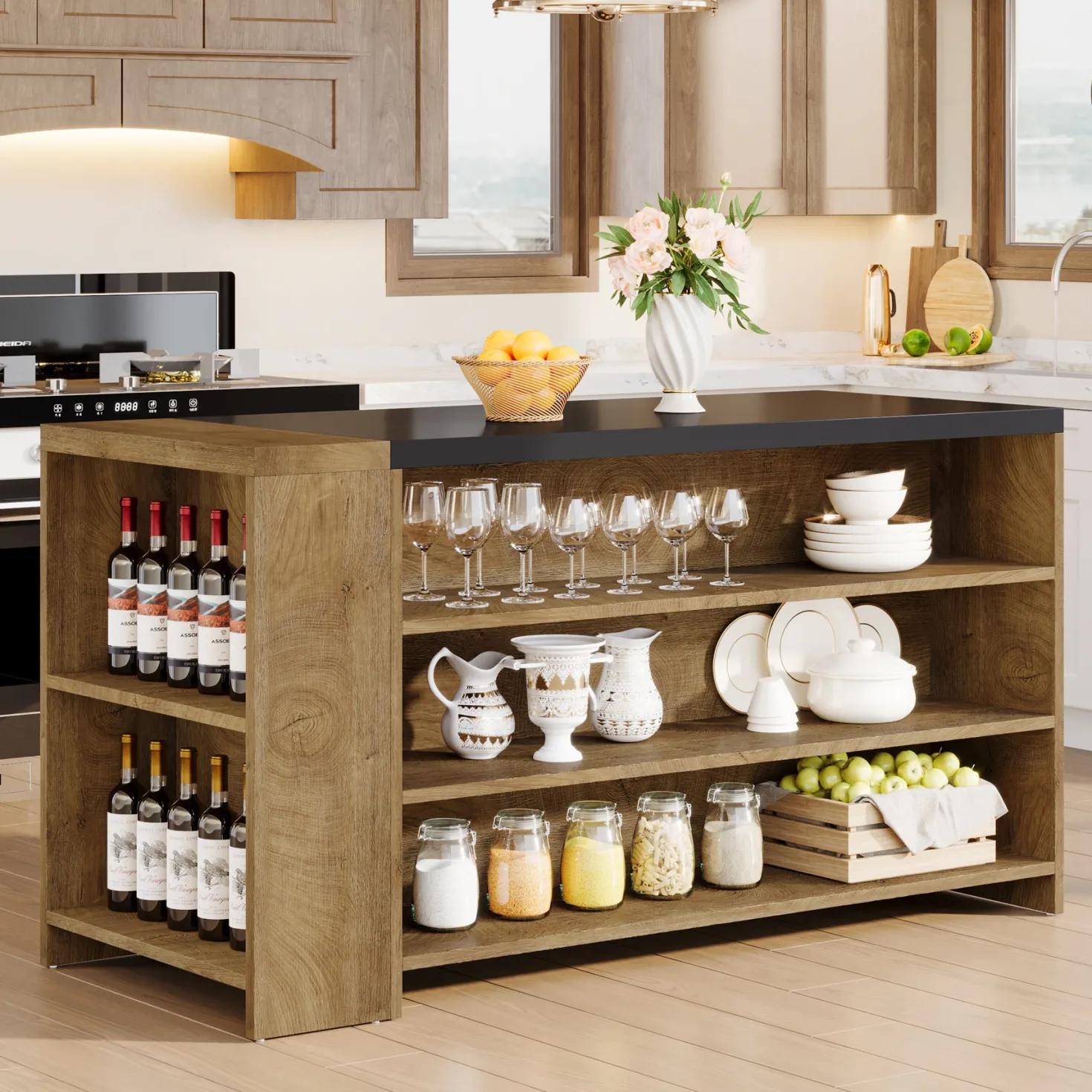 55" Coffee Bar Table, 5-Tier Kitchen Island Storage Cabinet