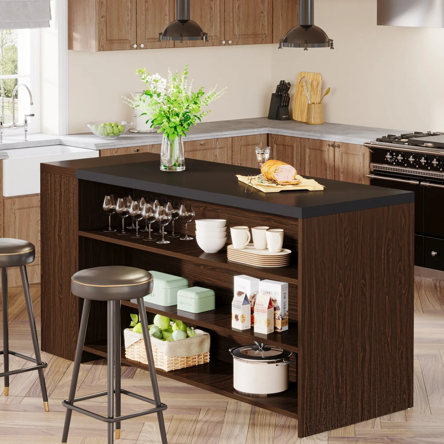 55" Coffee Bar Table, 5-Tier Kitchen Island Storage Cabinet