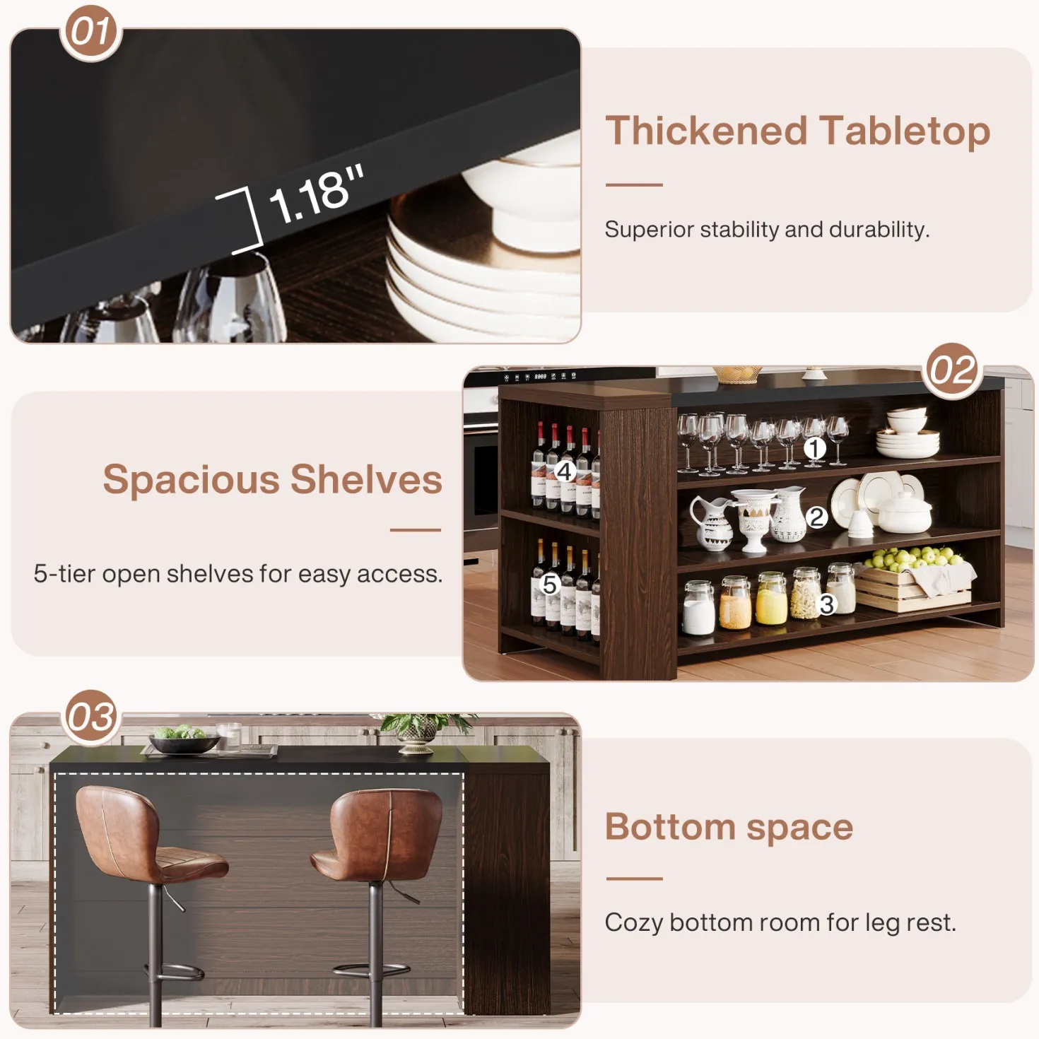 55" Coffee Bar Table, 5-Tier Kitchen Island Storage Cabinet