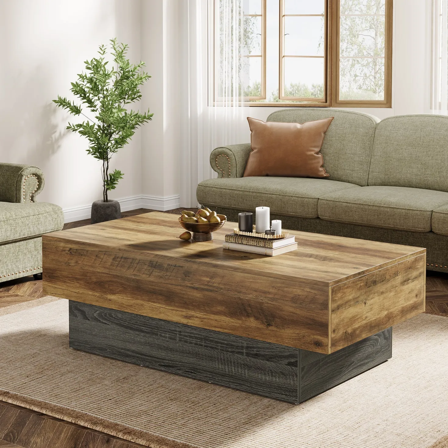 55" Coffee Table, Farmhouse Center Table Tea Table with Sturdy Pedestal