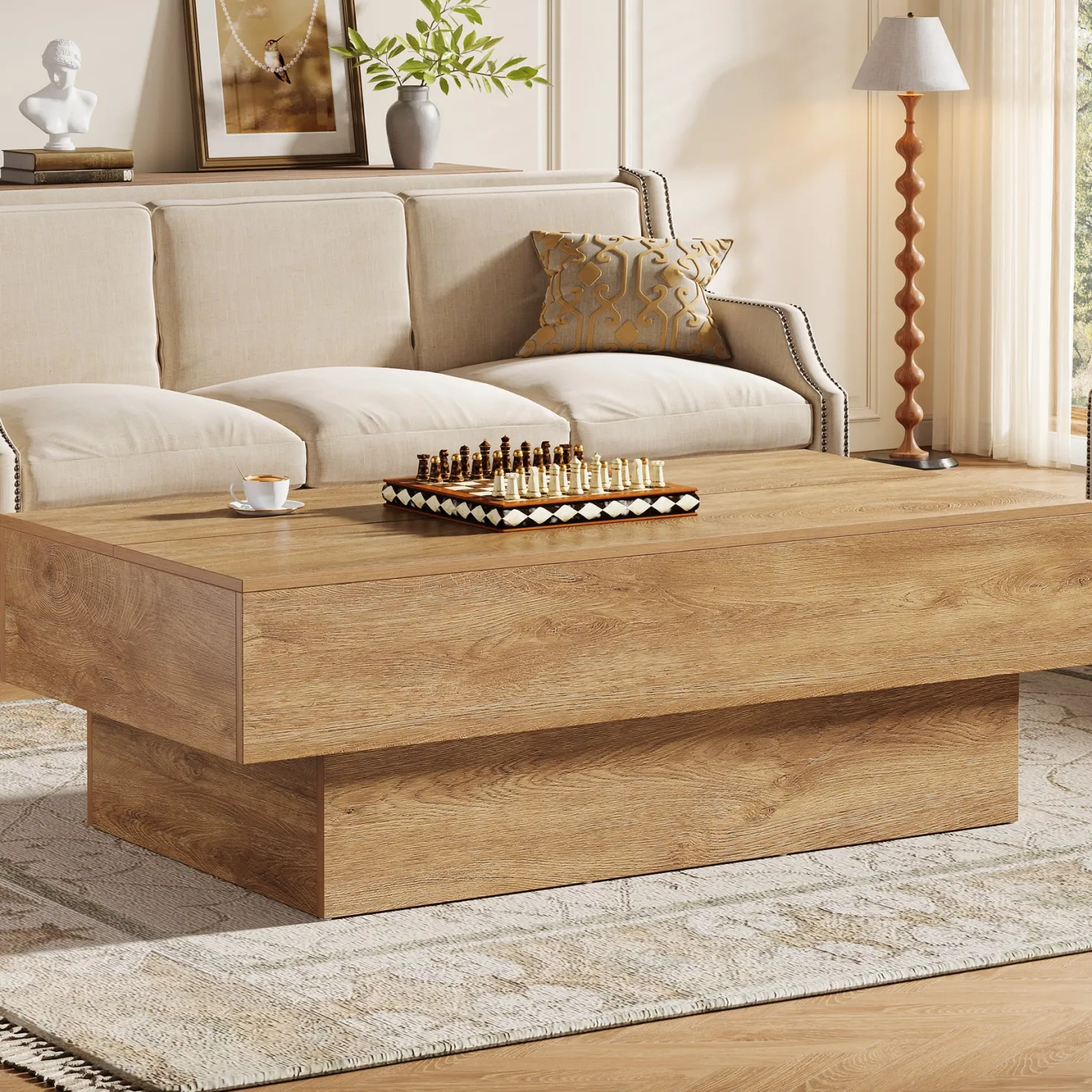 55" Coffee Table, Farmhouse Center Table Tea Table with Sturdy Pedestal