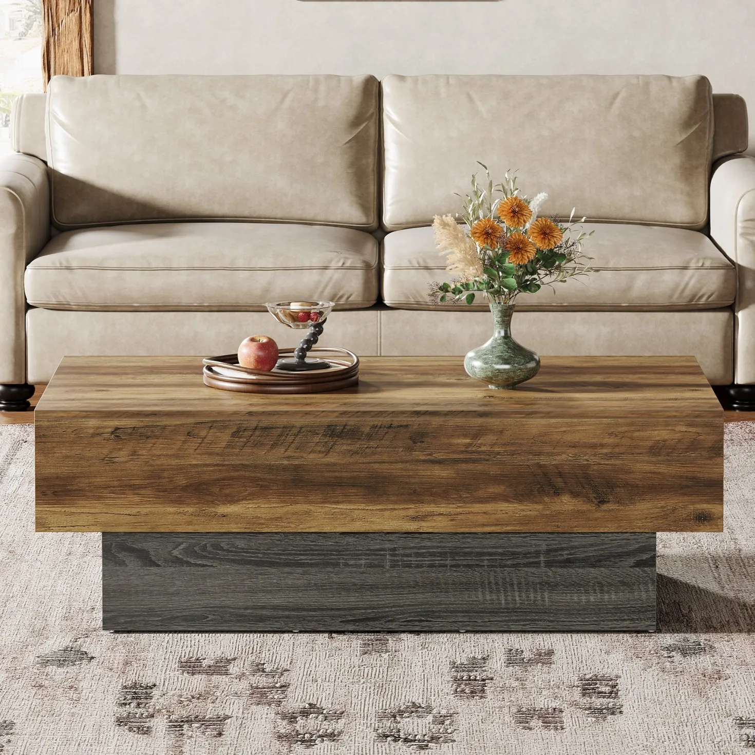 55" Coffee Table, Farmhouse Center Table Tea Table with Sturdy Pedestal