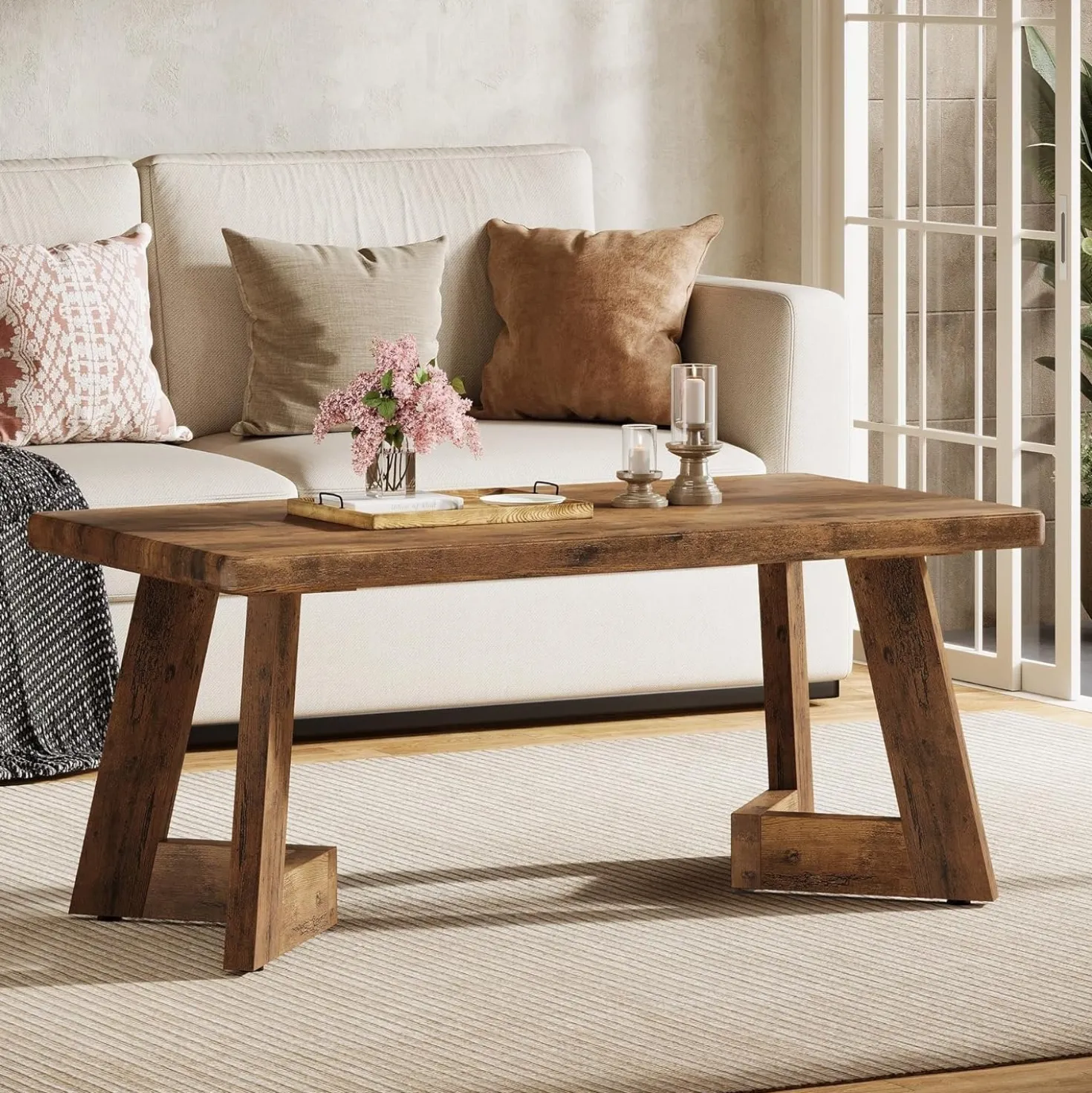 47.2" Coffee Table, Farmhouse Center Table with V-Shaped Legs