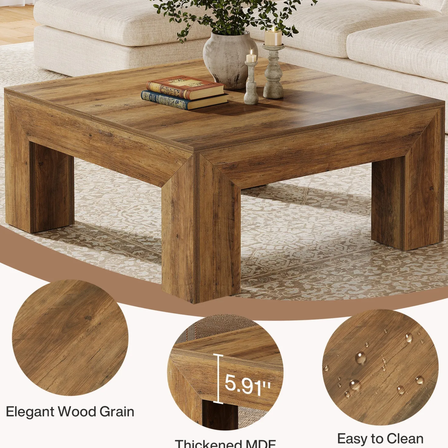 39" Coffee Table, Farmhouse Square Accent Center Cocktail Table