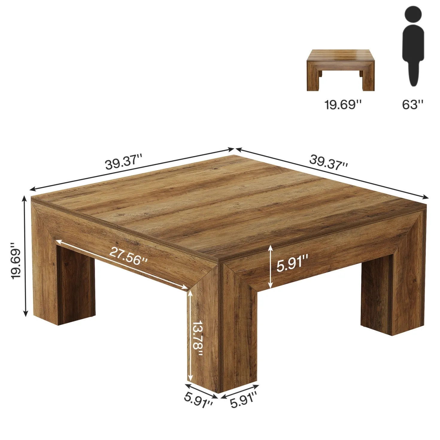 39" Coffee Table, Farmhouse Square Accent Center Cocktail Table