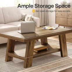 47" Coffee Table, Farmhouse 2-tier Center Table with Storage