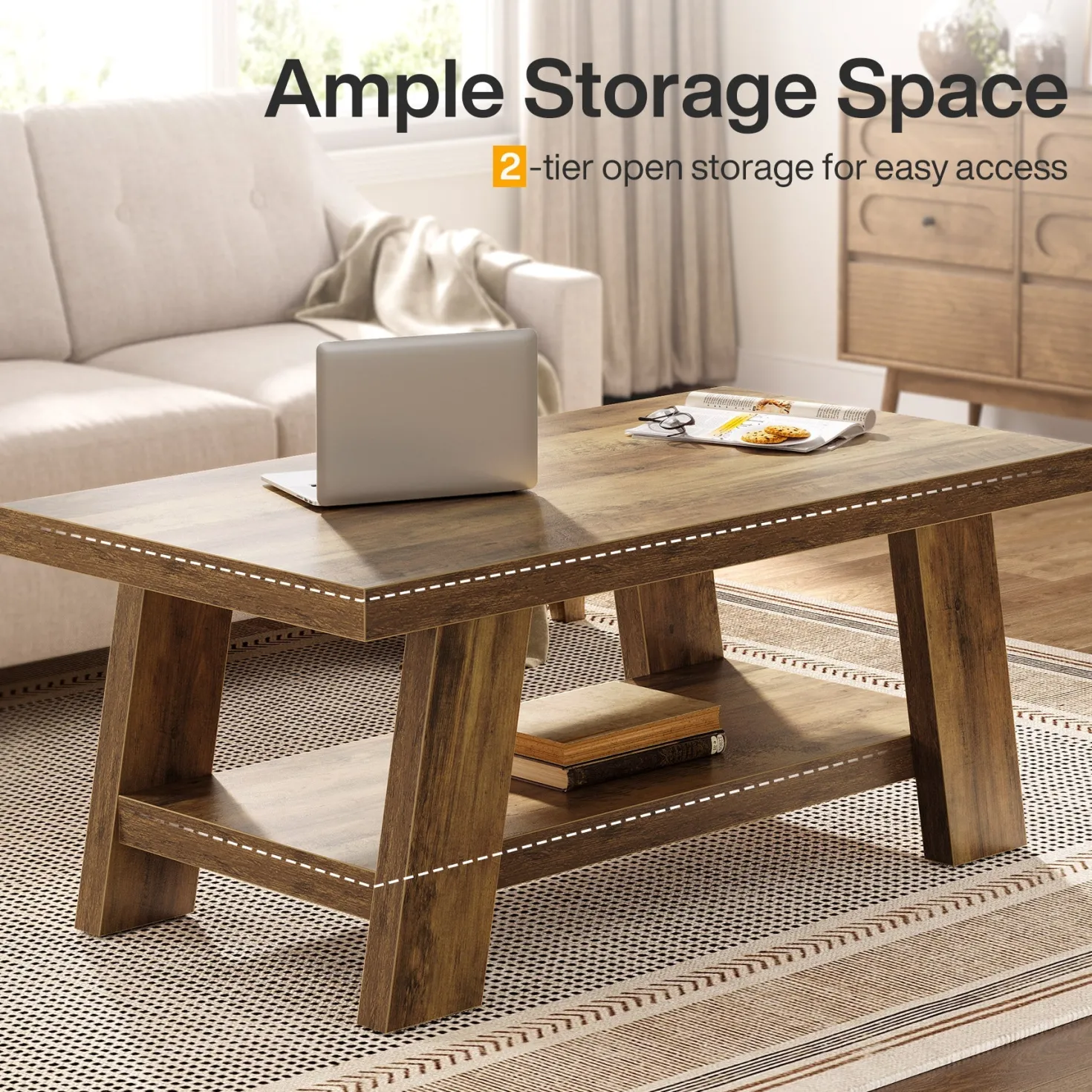 47" Coffee Table, Farmhouse 2-tier Center Table with Storage
