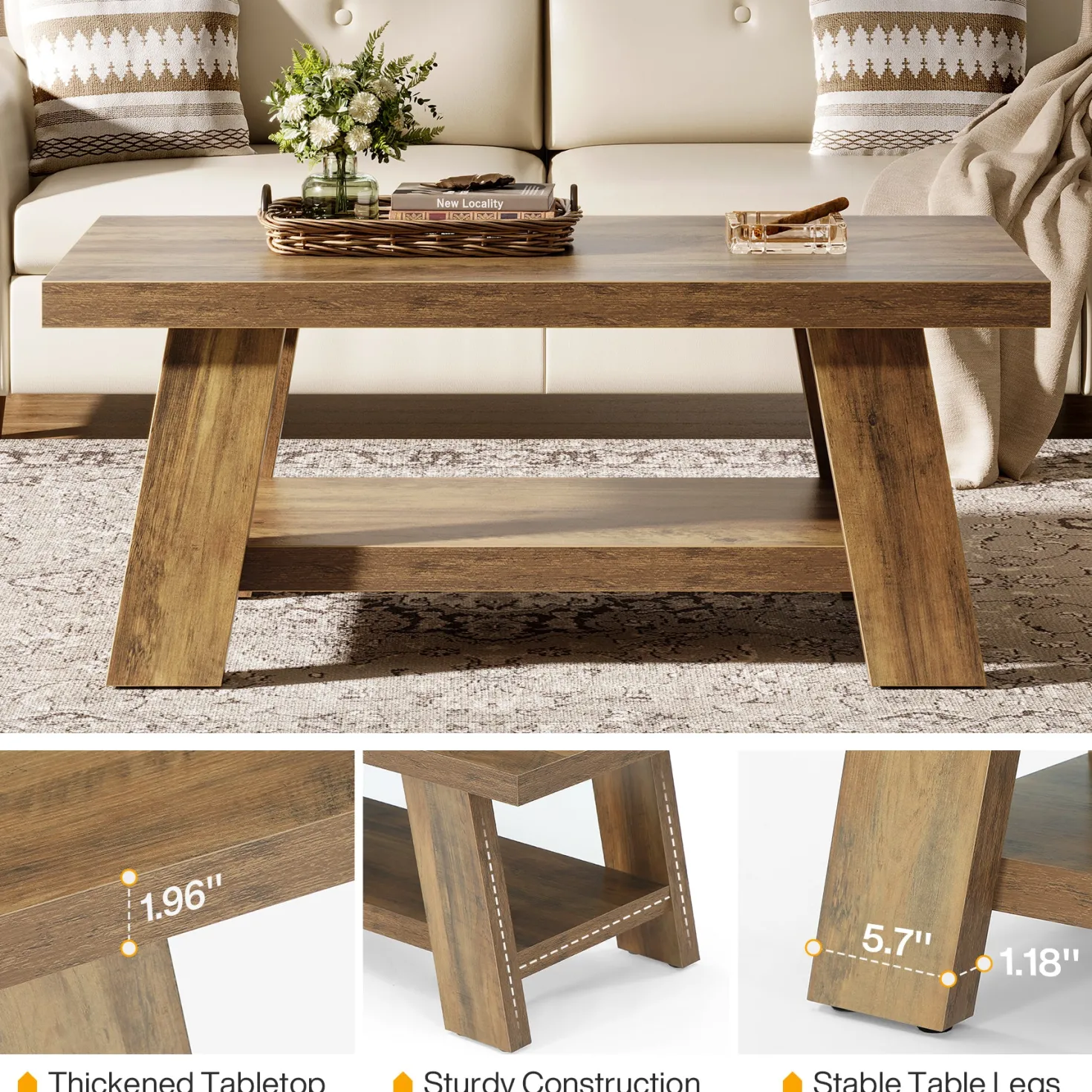 47" Coffee Table, Farmhouse 2-tier Center Table with Storage