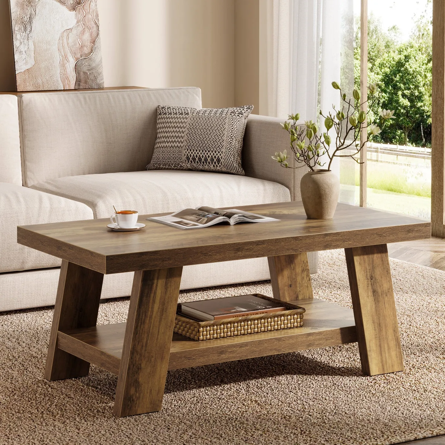 47" Coffee Table, Farmhouse 2-tier Center Table with Storage