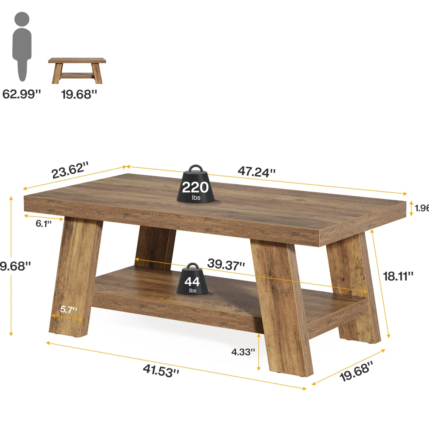 47" Coffee Table, Farmhouse 2-tier Center Table with Storage